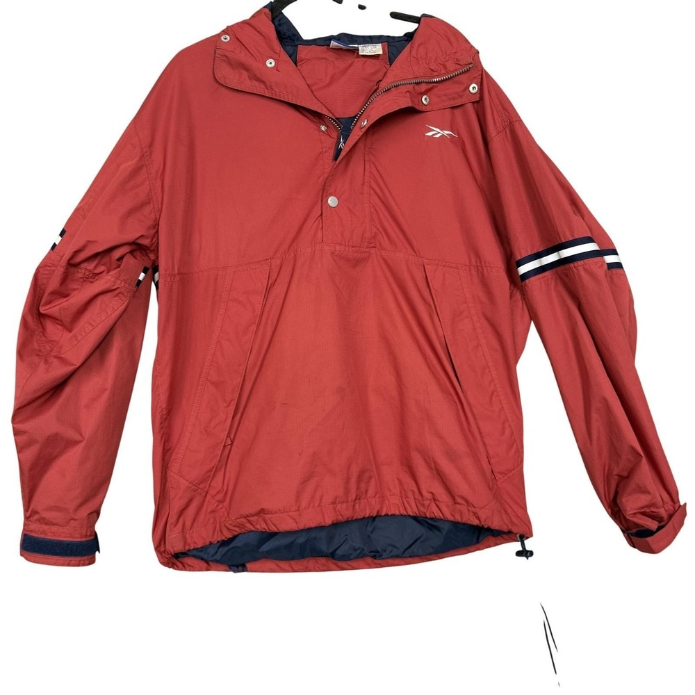 Vintage Reebok Jacket Mens Medium Red Hooded‎ 1/2 Zip Windbreaker Striped 90s